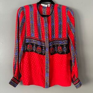Adrianna‎ Papell Vintage Button Down Top 100% Silk | Red + Fabergé Egg Print